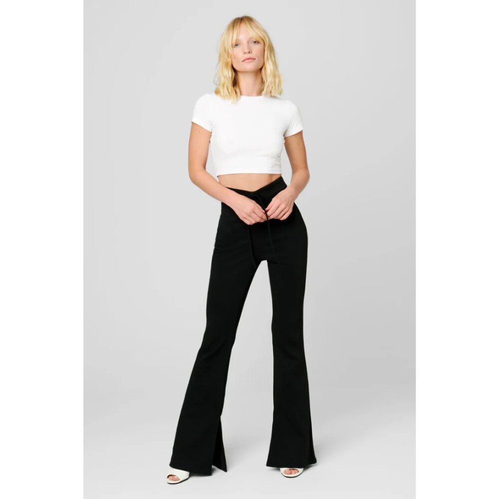 BLANKNYC Mad Love Ponte Knit High Rise Flare Pants Drawstring Ruched Front 27